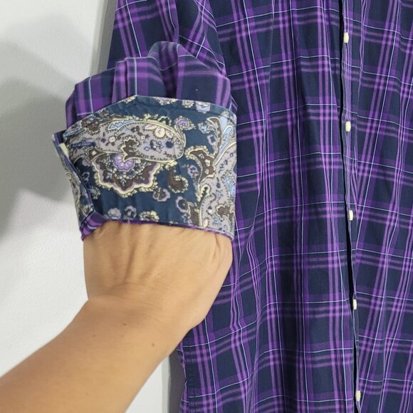 Tailorbyrd Men Purple Navy Blue Plaid Paisley Cuff 100% Cotton Button-Up Shirt S - Picture 3 of 11
